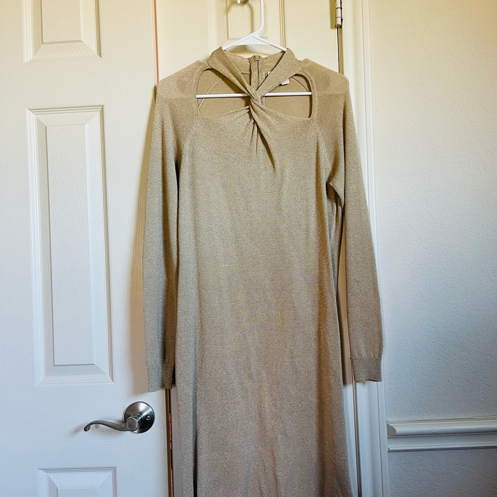 Michael Kors Metallic Gold Twist-Neck Long Sleeve Dress
